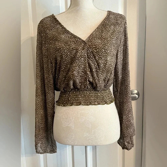 Boutique Boho Olive Green polka dot Blouse Small Peach Love California NWT - Picture 8 of 10